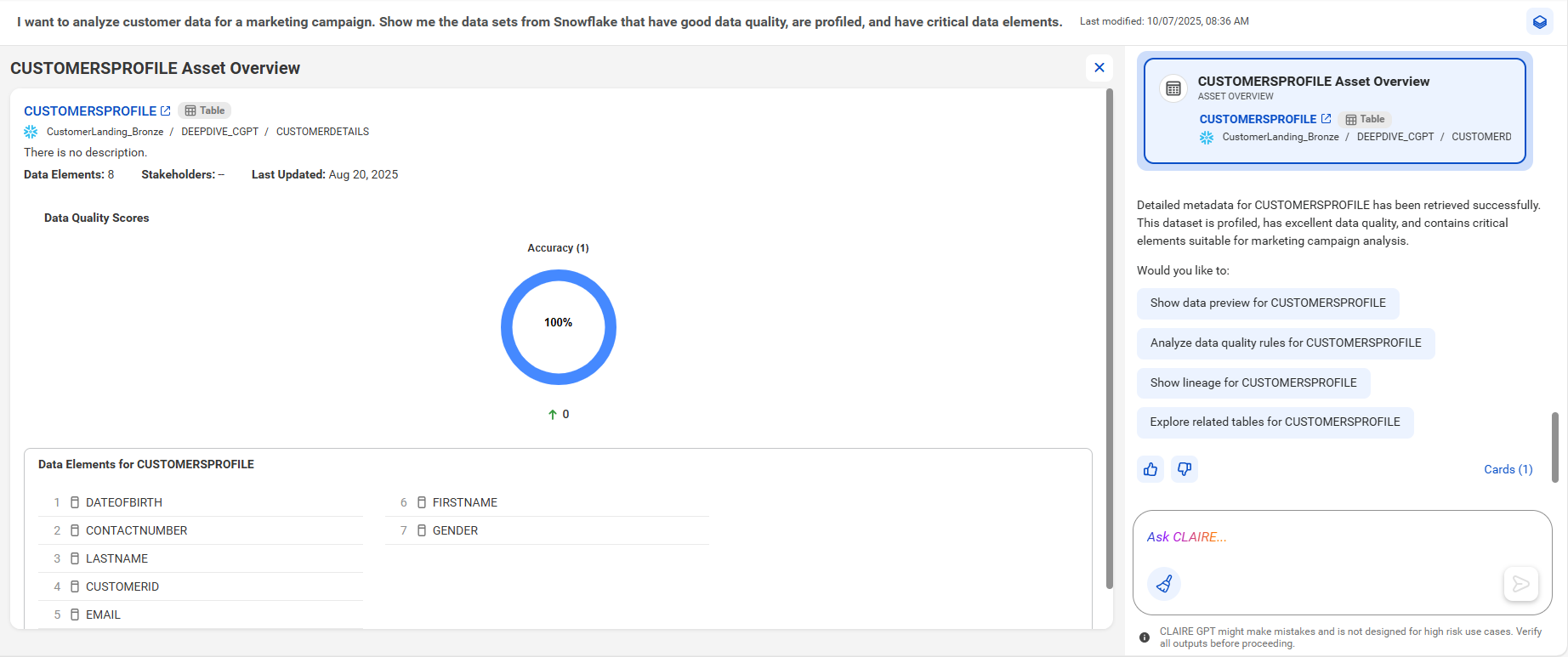 The canvas displays an overview of the CUSTOMERSPROFILE table with data quality scores and data elements. The right panel displays a summary of the CUSTOMERSPROFILE table.