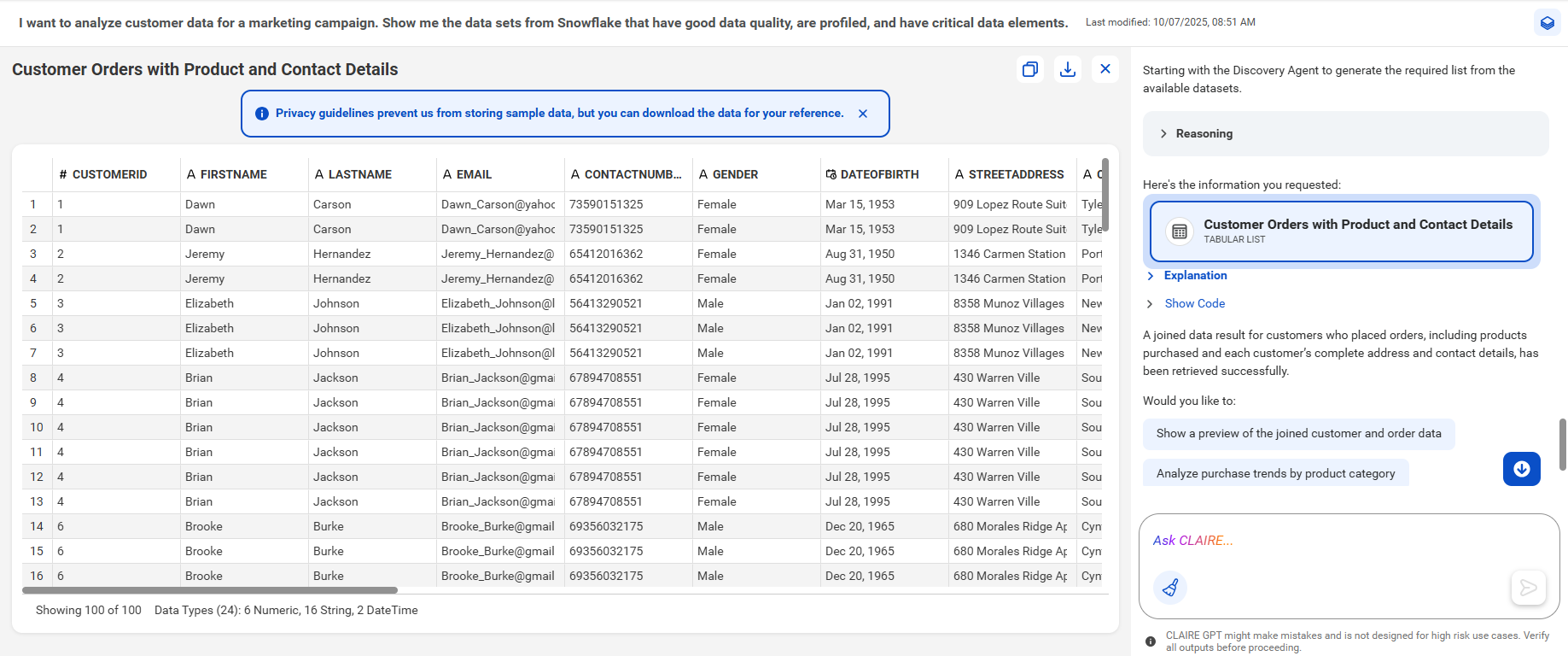 The canvas displays a preview of 100 rows of source data after joining the CUSTOMERSPROFILE table with the ORDERS and PRODUCTS tables in a tabular view. The right panel displays a summary, an Explanation, and a Show Code option.