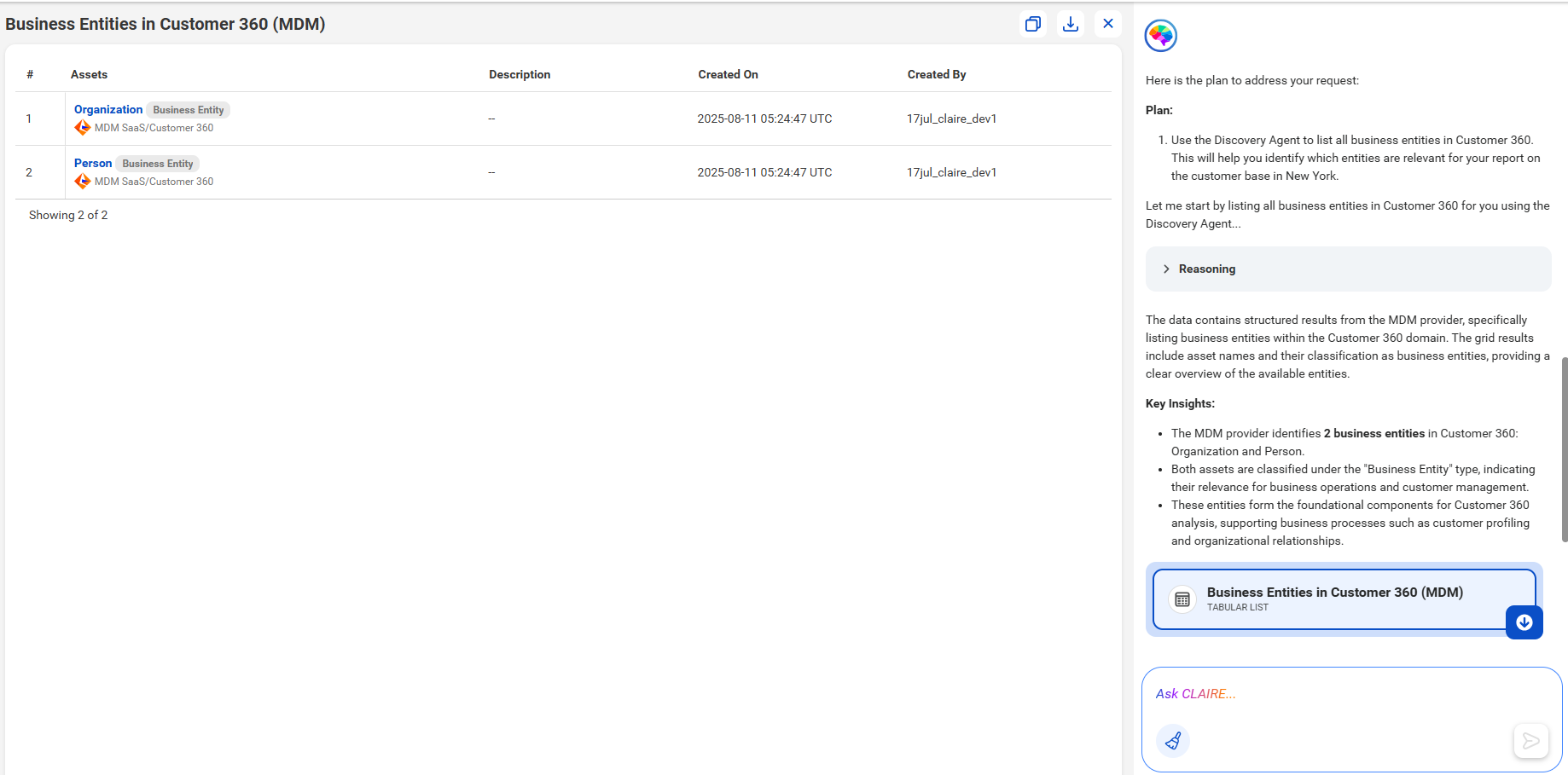 The response displays two business entities, Organization and Person, in a tabular view. The right side panel contains reasoning and contextual information about the data. The response displays two business entities, Organization and Person, in a tabular view. The right side panel contains reasoning and contextual information about the data.