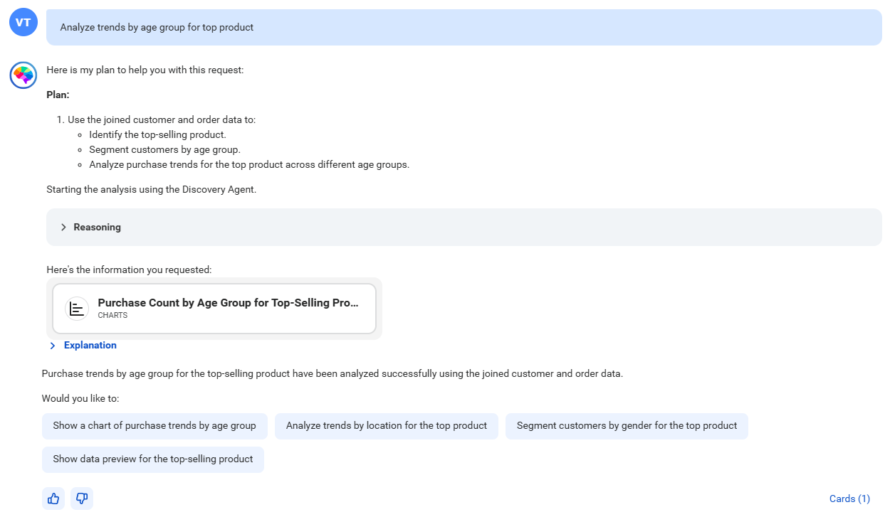 The response displays the plan to analyze trends by age group for the top-selling product. It also displays a card named Purchase Count by Age Group for Top-Selling Product.