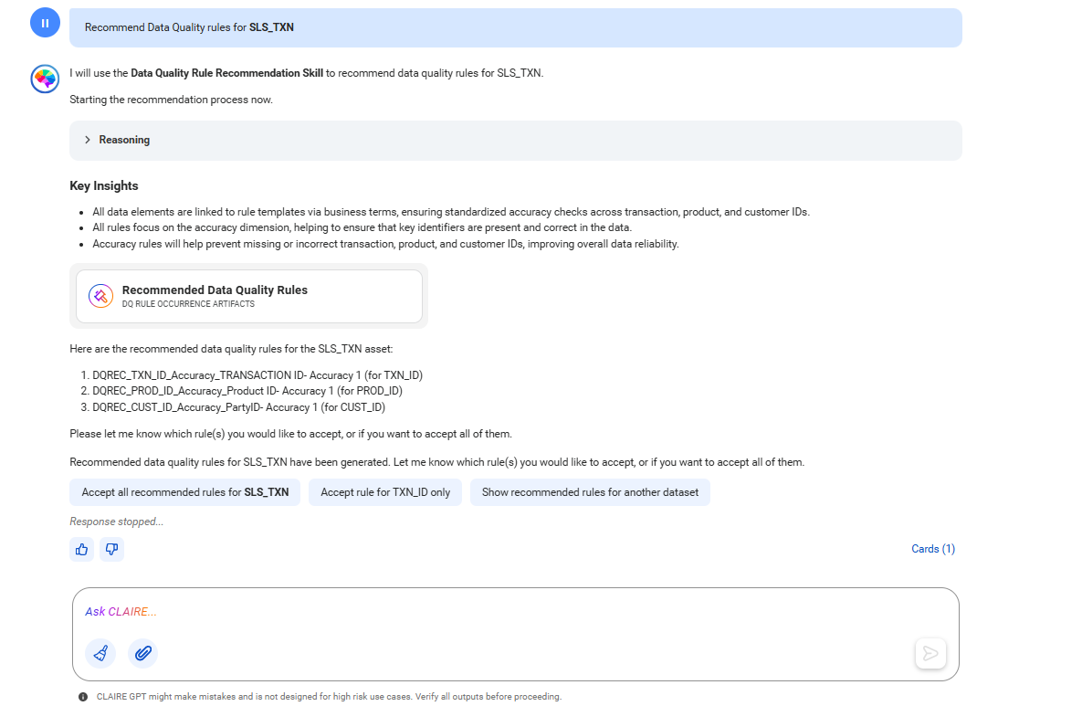 The response displays recommended data quality rules for the SLS_TXN table along with some key insights on the data elements linked to the recommended rules, accuracy of the rules, and so on.