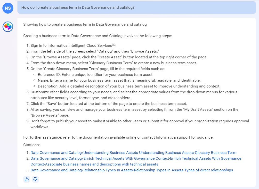 Response from CLAIRE GPT displaying steps to create a business term in Data Governance and Catalog along with links to related documentation.