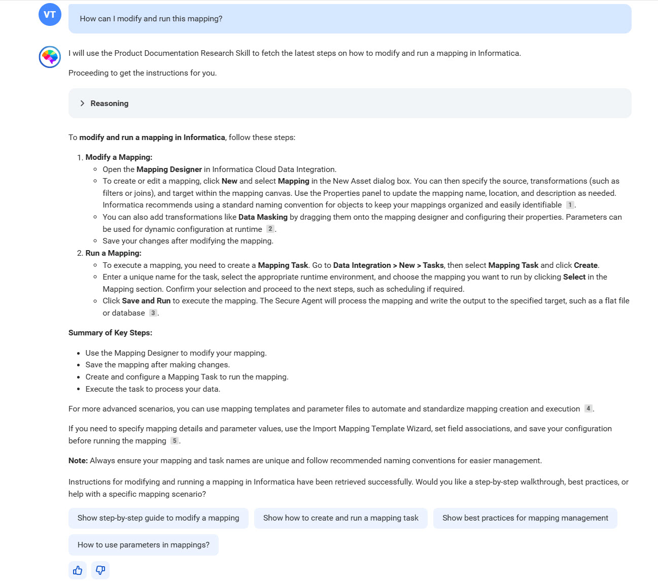 The response to the prompt 'How can I modify and run this mapping?'. The response shows the instructions for modifying and running the mapping in Data Integration, along with a summary of the key steps and some suggested prompts for next actions.