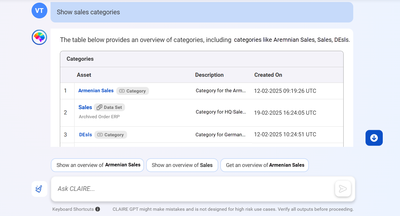 Response from CLAIRE GPT displaying the categories that contain 'sales' in their name or description.