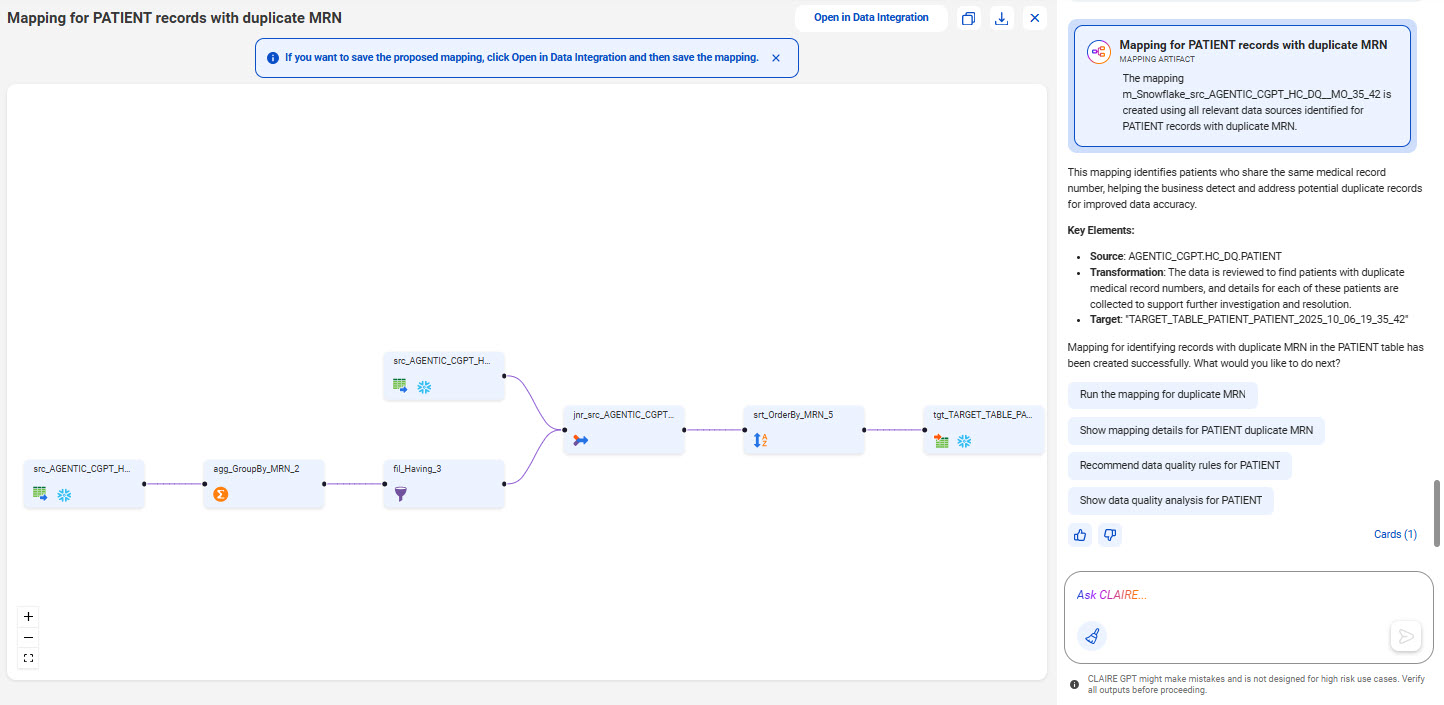 The mapping for PATIENT records with duplicate medical record numbers. The mapping shows several nodes connected by arrows representing the transformation process of the PATIENT table. The right panel shows the key elements, including the source, transformåtion, and target objects in the mapping.
