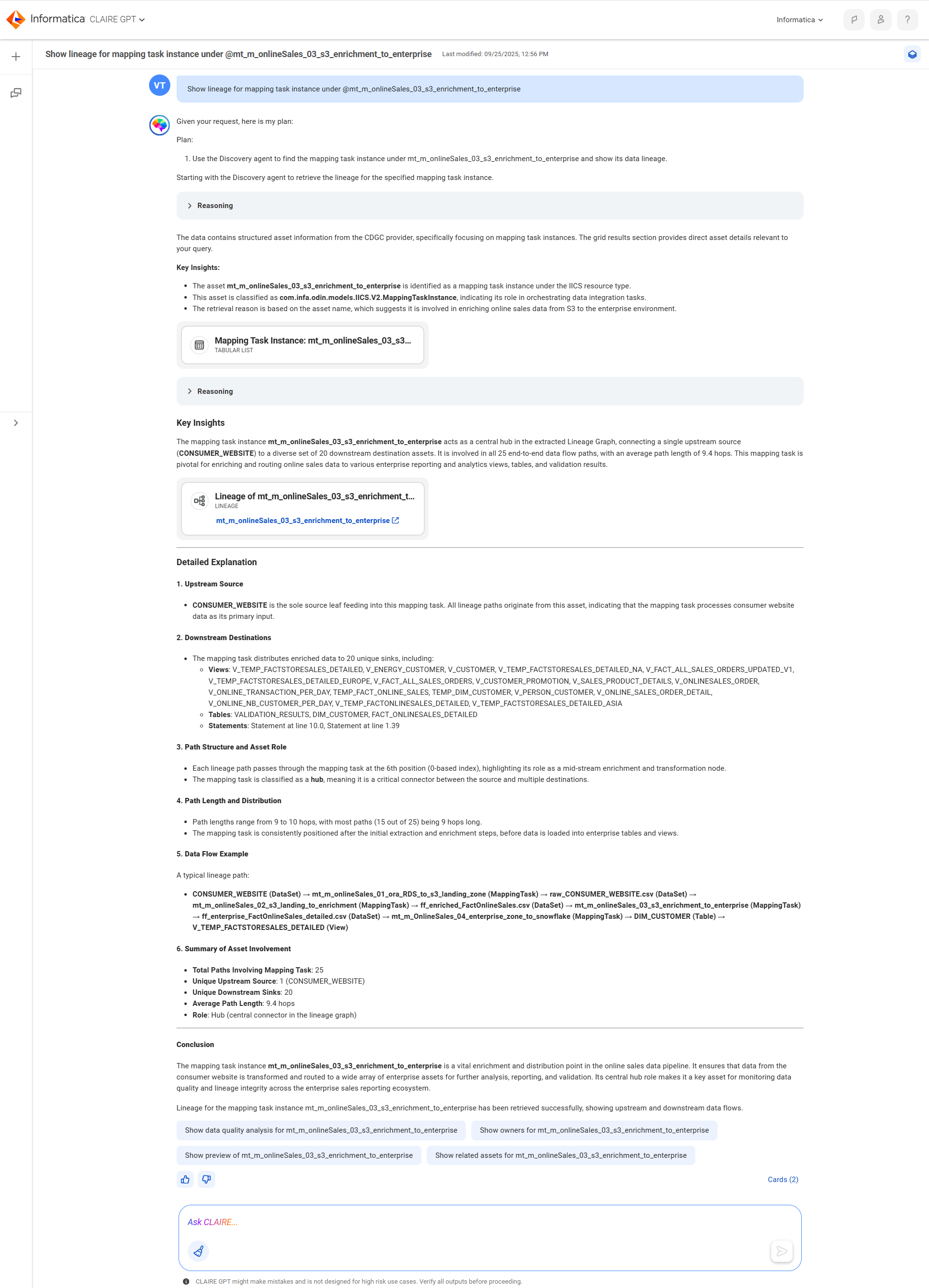 The response returns the lineage for the mapping task instance.