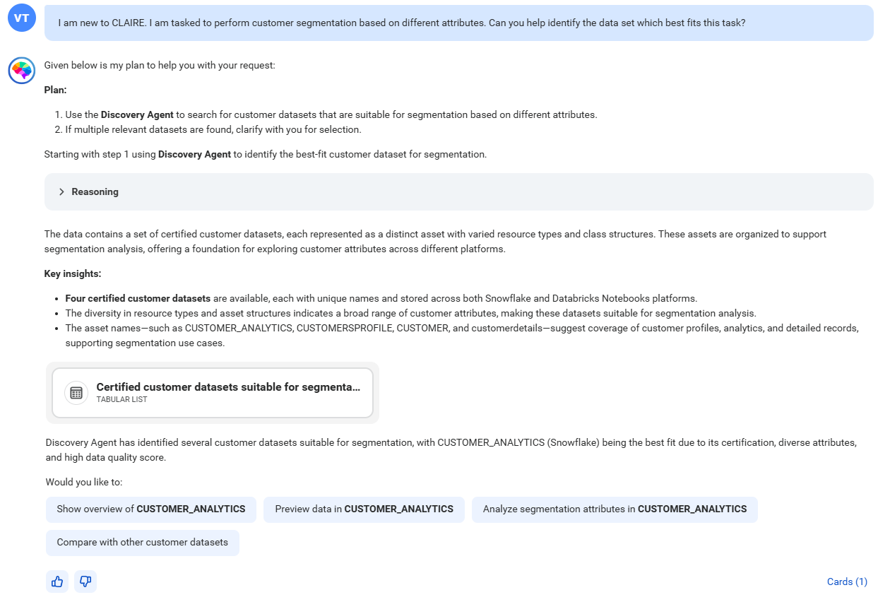 The response displays four certified customer data sets. It also displays a card named Certified customer datasets suitable for segmentation analysis.