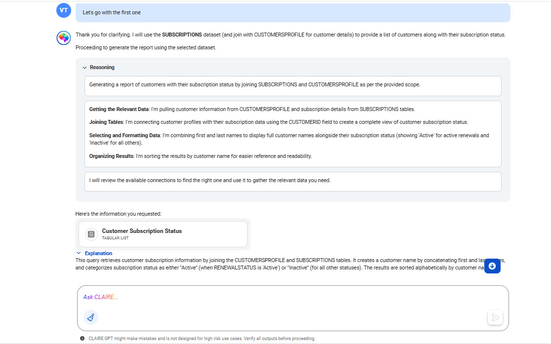 The response displays the reasoning and the card for the customer subscription status sample table that CLAIRE GPT generates.