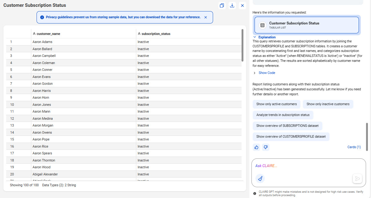 The response displays the Customer Subscription Status sample table which shows a tabular list with columns labeled customer_name and subscription_status. The panel on the right shows the explanation of how the Customer Subscription Status sample table was created and some suggested prompts for next actions.