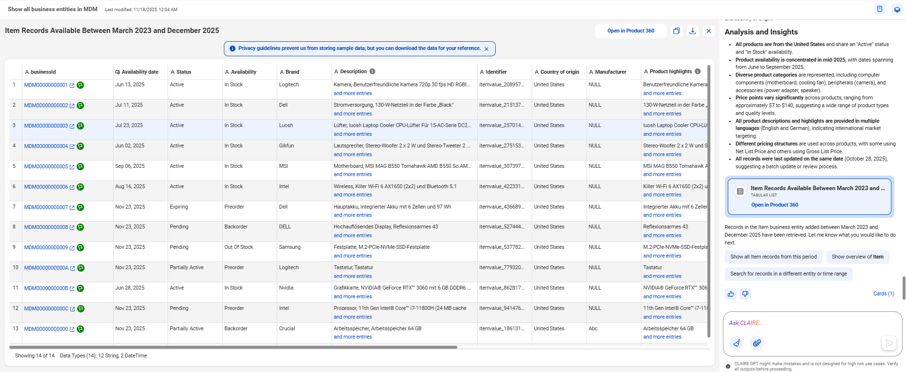 The response displays item records that were added between March 2023 to December 2025. The right panel displays the high level summary of the item records.