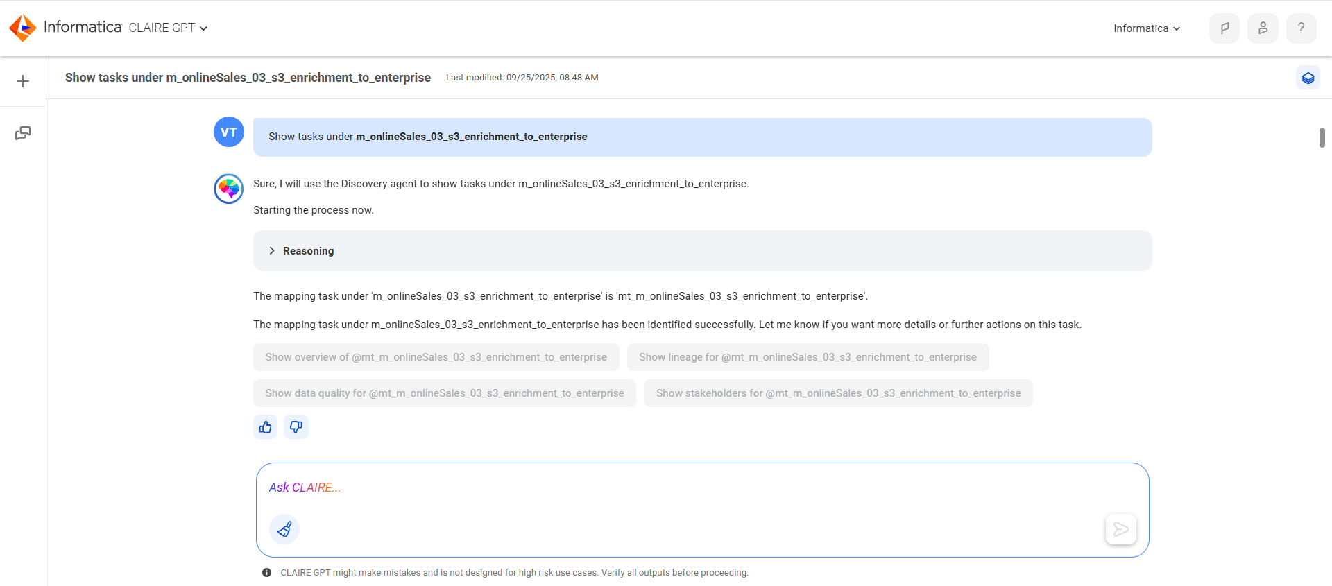 The response returns the mapping tasks.