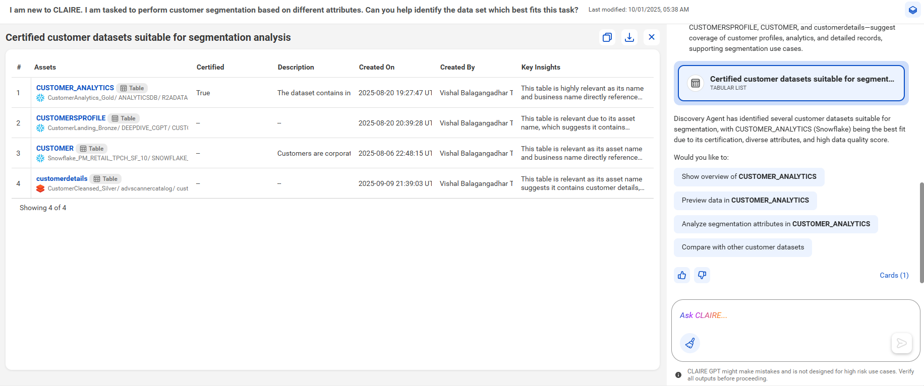 The canvas displays four customer data sets, CUSTOMER_ANALYTICS, CUSTOMERSPROFILE, CUSTOMER, and customerdetails, in a tabular view. The right side panel contains contextual information about the data.