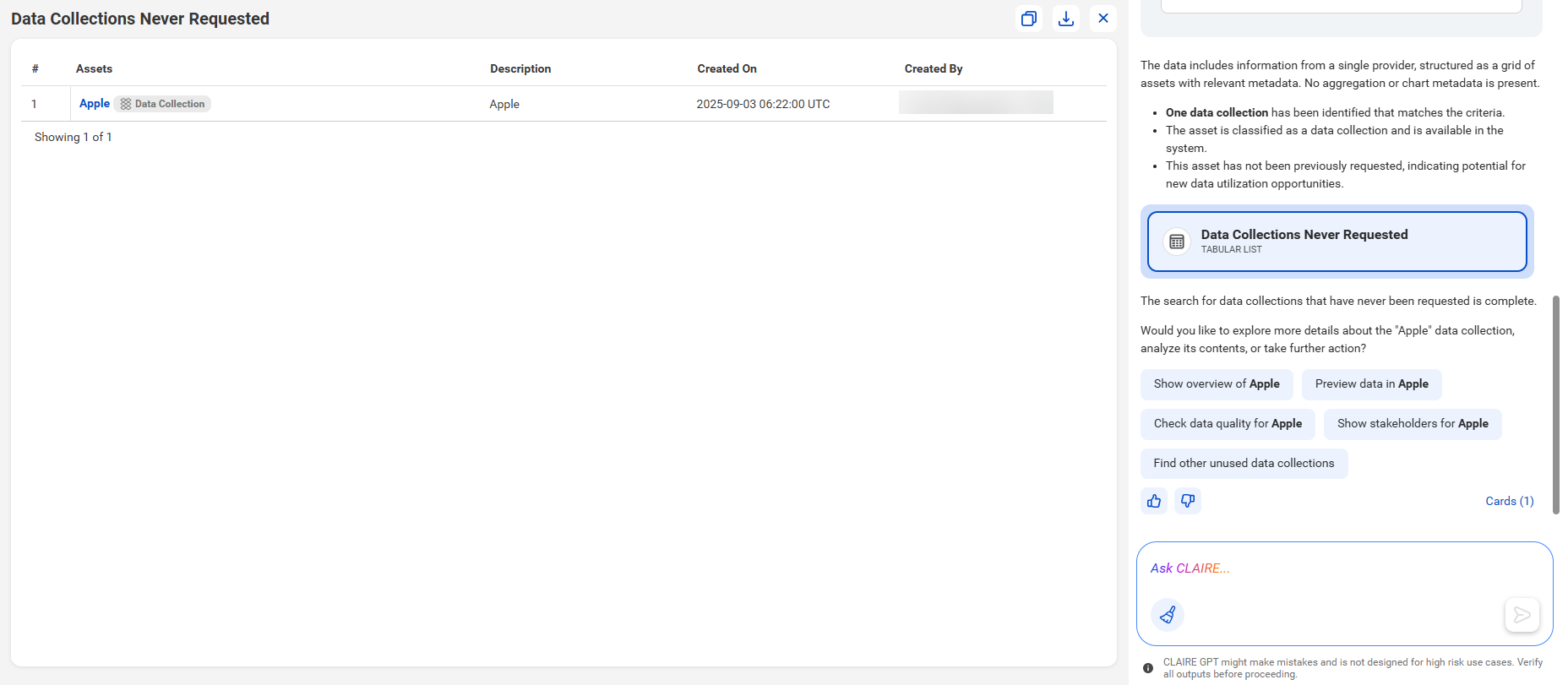 CLAIRE GPT canvas displaying the list of data collections with no order history.