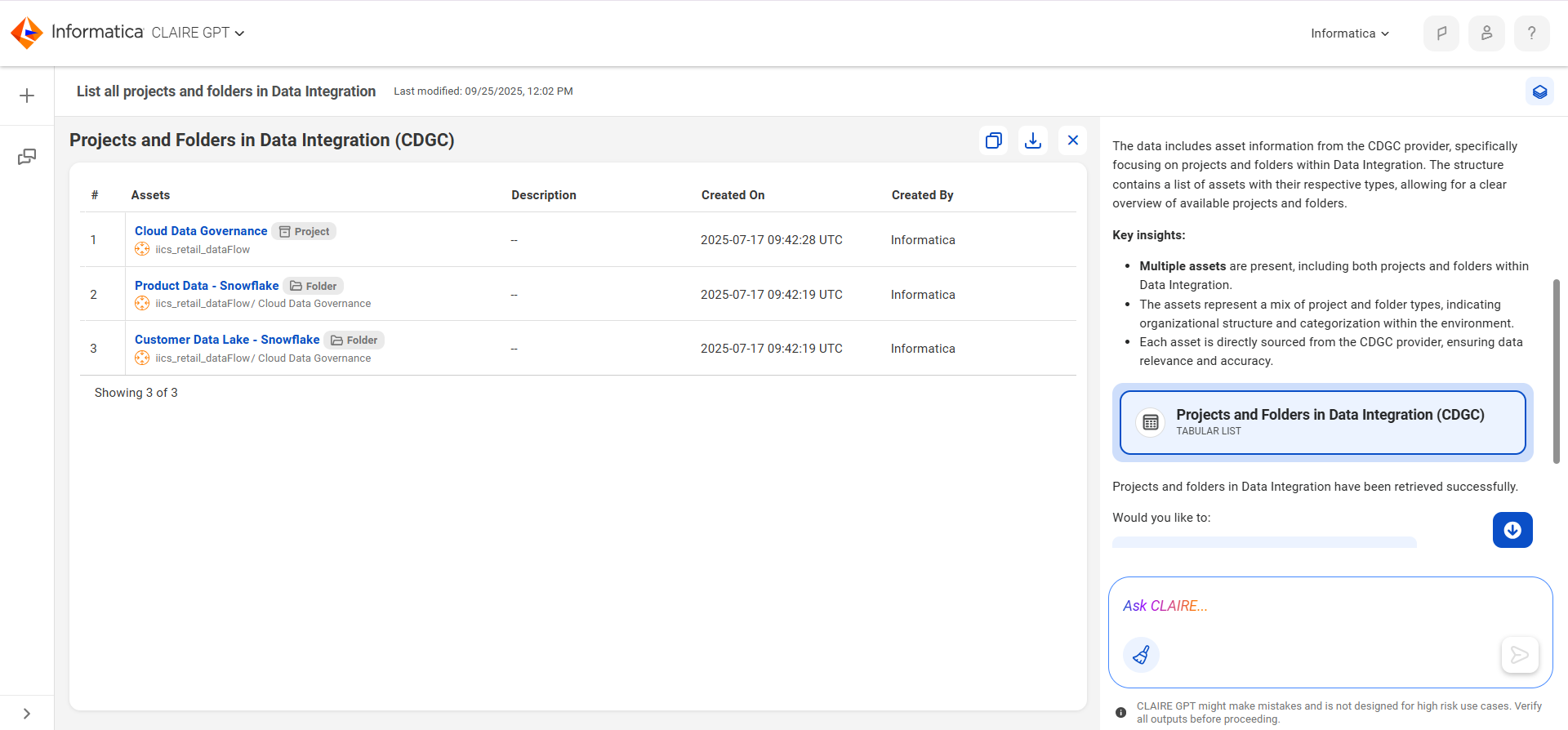 The canvas displays the projects and folders in Data Integration.