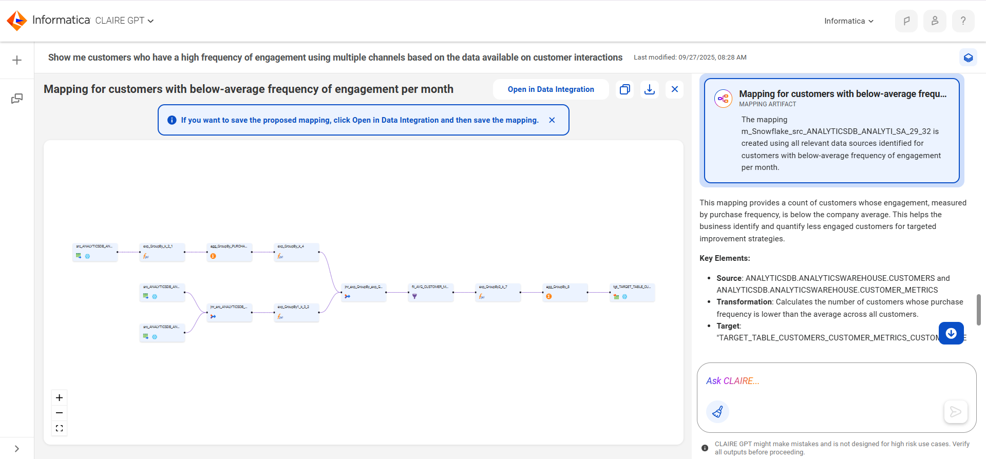 The canvas displays the mapping to load customers with a low frequency of engagement.