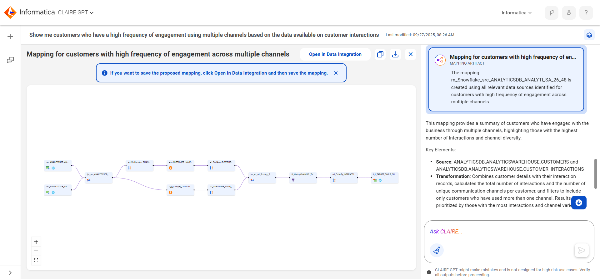 The canvas displays the mapping to load customers with a high frequency of engagement.