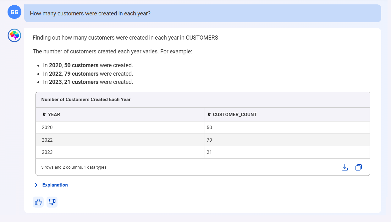 Response from CLAIRE GPT displaying the number of customers created in years 2020, 2022, and 2023 based on the CUSTOMERS table.