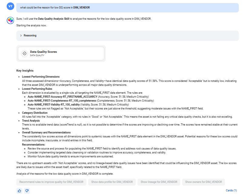 The response displays reasons why the data quality score of the vendor table is low.