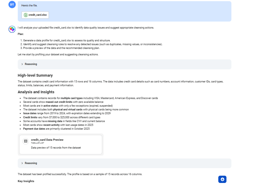 The response displays a detailed analysis and insights on the data in the credit_card.xlsx file along with a card named credit_card Data Preview.