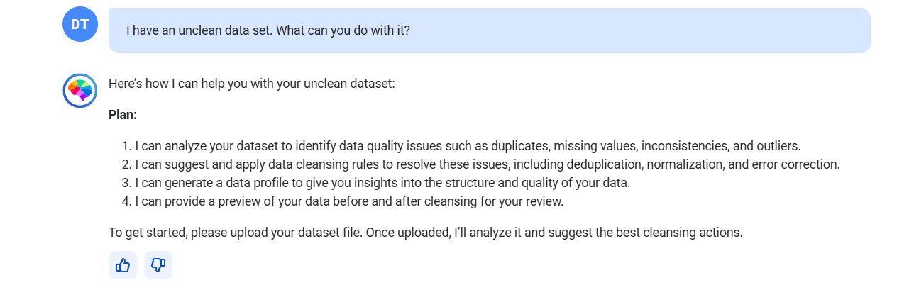 The response displays the plan on how the data quality cleanse skill can help you clean your data set.