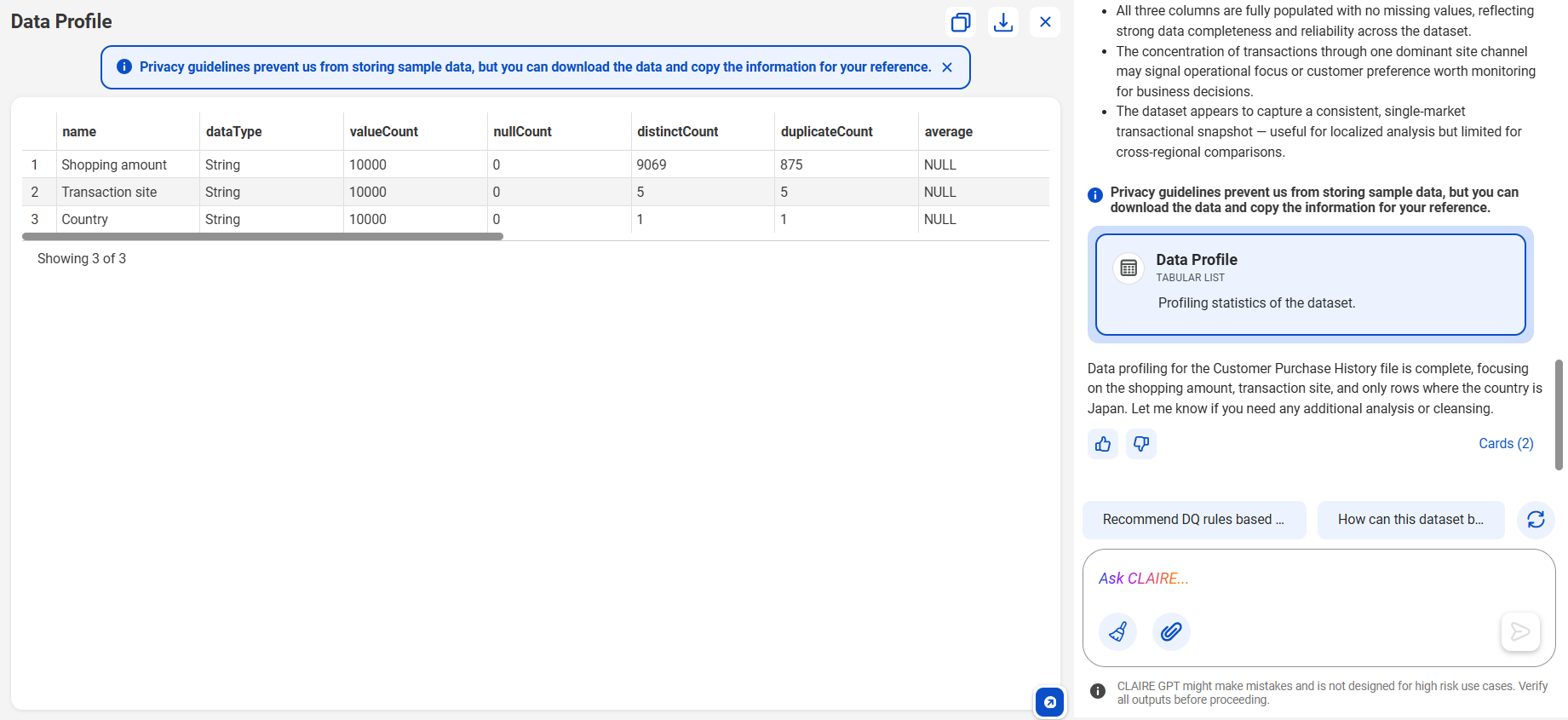The response displays the profiled data.