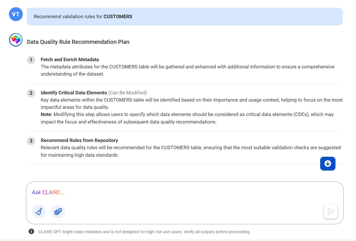 The response displaying the plan devised by CLAIRE GPT to recommend data quality rules for the CUSTOMERS data set. The Data Quality Recommendation Plan is expanded and lists the steps that CLAIRE GPT will take as a part of the plan it created.
