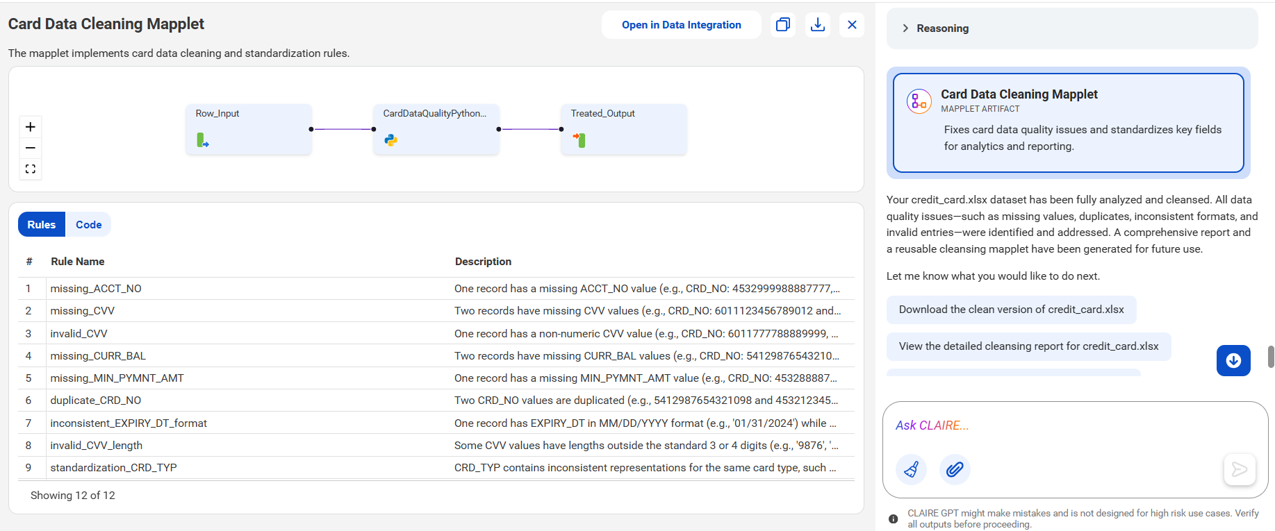 The response displays a cleansing mapplet with rule names, descriptions, and python cleanse codes.