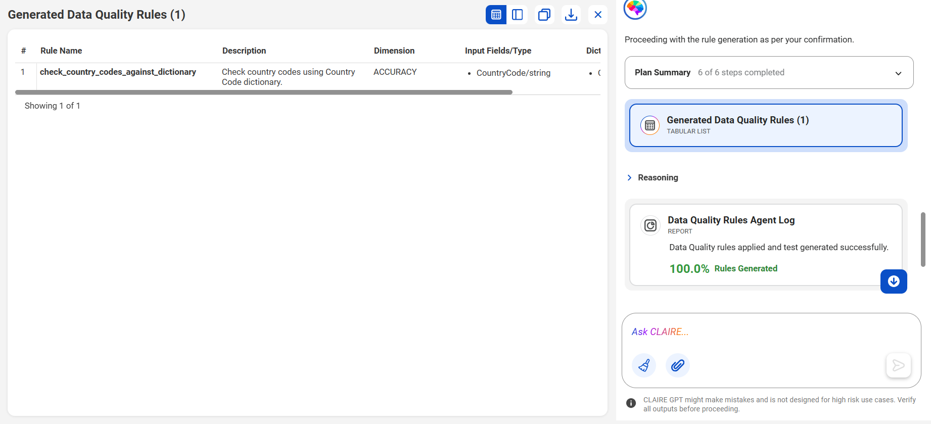 The response displays rules that the agent generated based on business requirements and data patterns from the file you uploaded.
