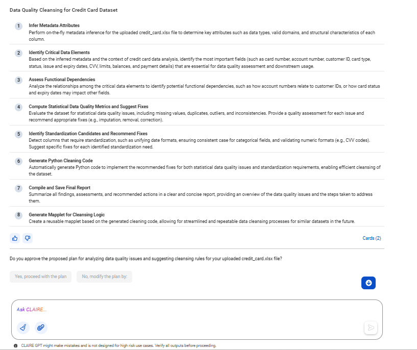 The response displays the proposed plan of the data quality cleanse skill. The plan includes inferring metadata attributes, identifying critical data elements, computing data quality metrics and so on.