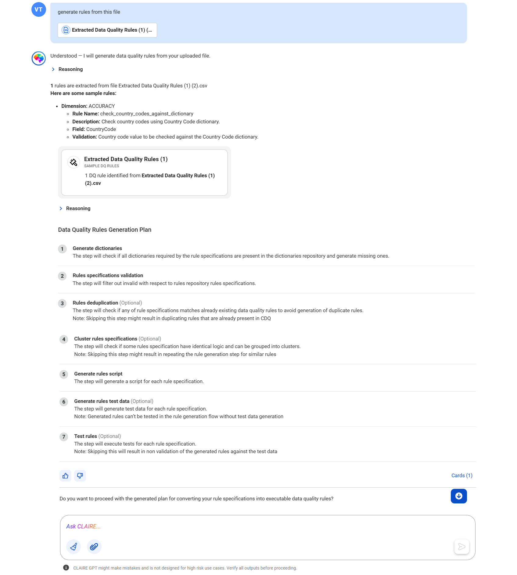 The response displays steps on how the data quality agent uses the data quality rule generation skill to generate rule specifications from your file.