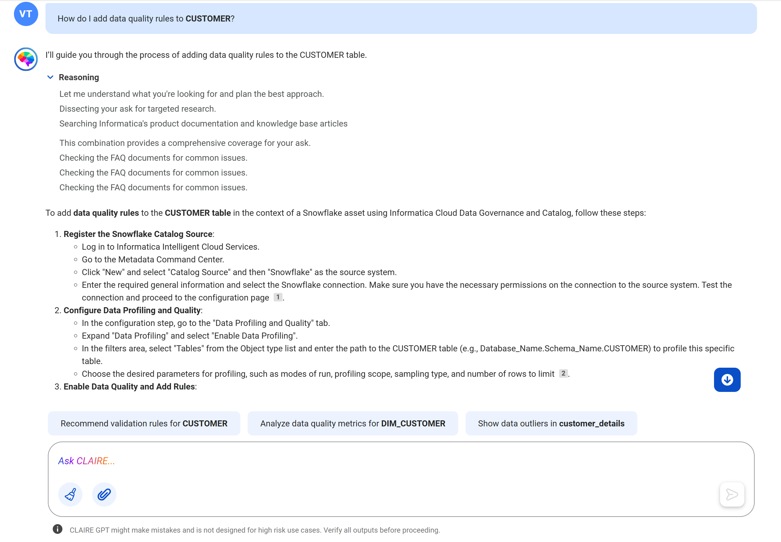 Response from CLAIRE GPT displaying contextual information about how to add data quality rules for a Snowflake table called CUSTOMER.
