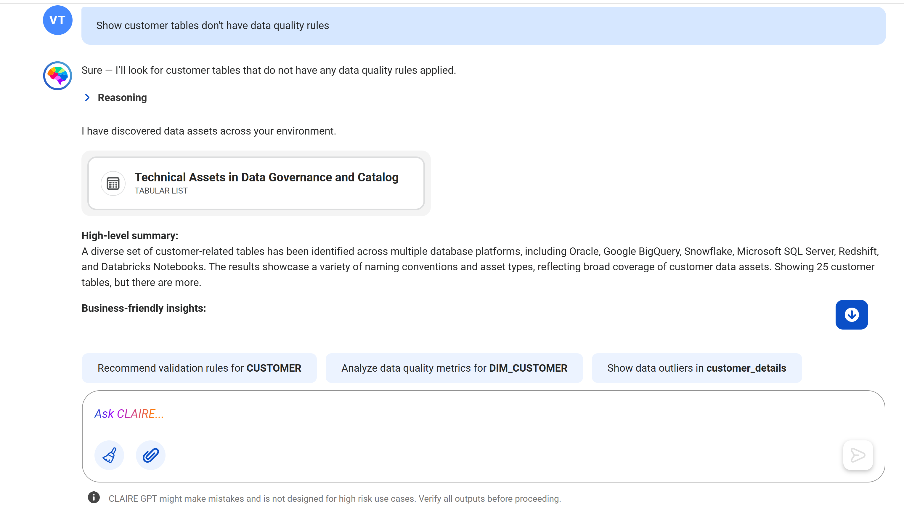 Response from CLAIRE GPT displaying the card named 'Technical Assets in Data Governance and Catalog' containing the list of customer tables that don't have data quality rules.