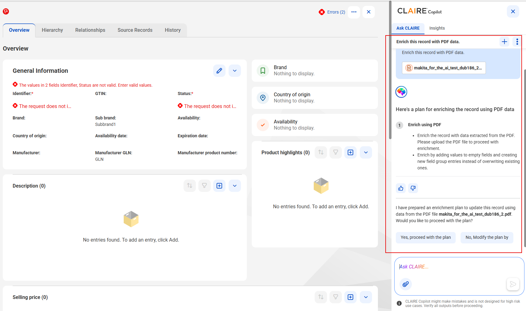 The CLAIRE Copilot panel shows the enrichment plan with the steps to enrich the record using the PDF. The conversation also shows options to proceed with the plan or modify the plan.