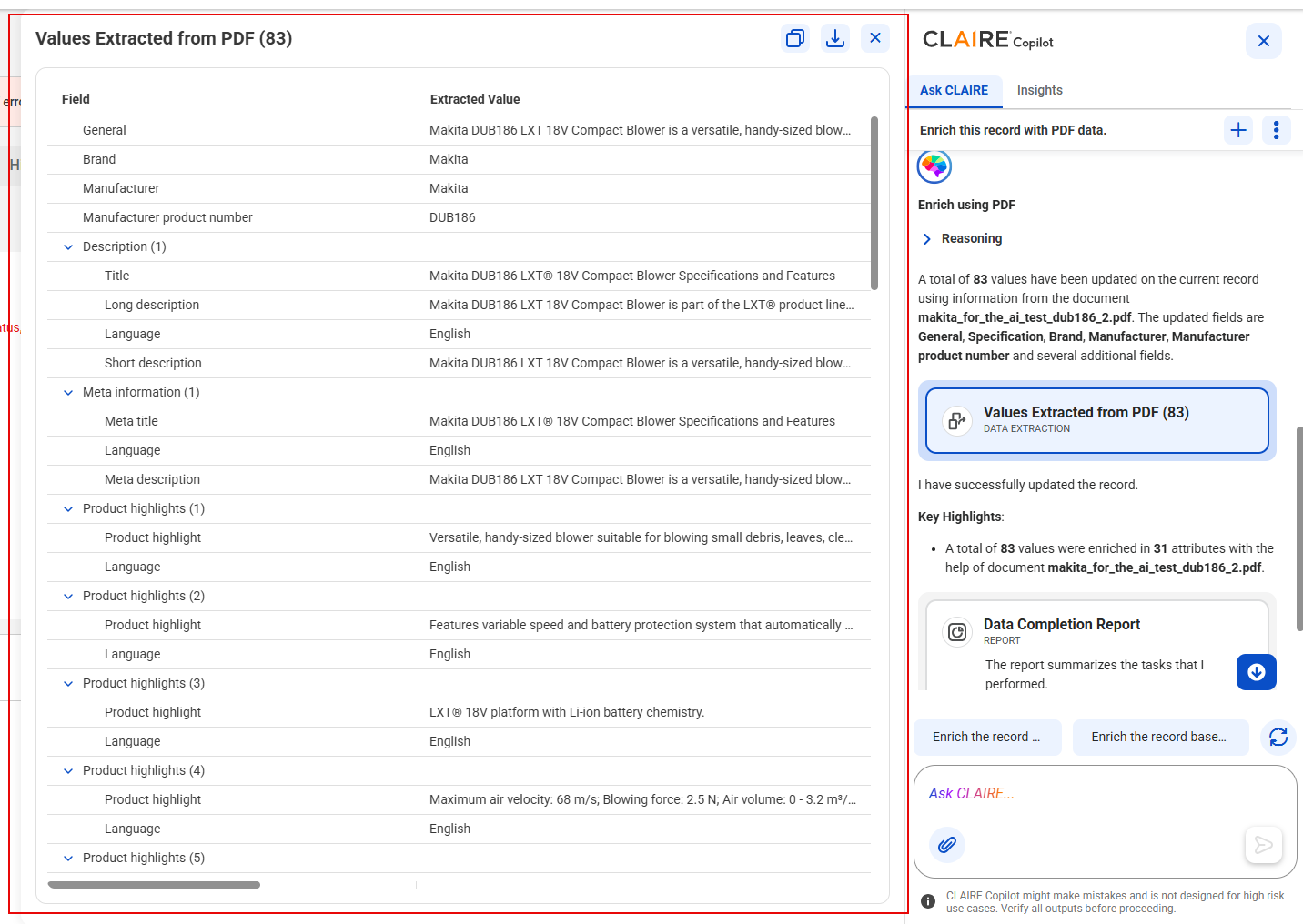 The Values Extracted from PDF workspace shows the enriched fields and the values extracted from the PDF, such as General, Brand, Manufacturer, and Product highlights.