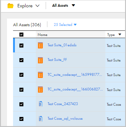 The Select All check box is to the left of the Name column label on the Explore page. All of the assets on the page are selected.
