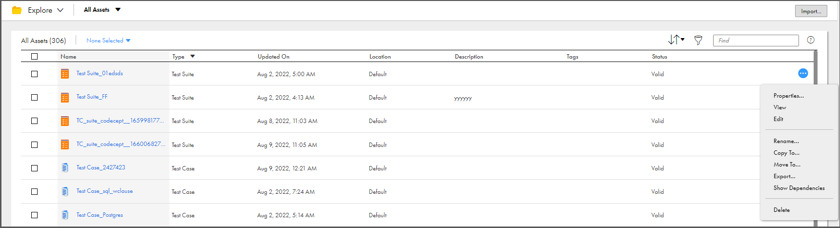 A test suite is highlighted on the Explore page and the Actions menu for the test suite displays a list of options including Properties, View, Edit, Rename, Copy To, Move To, Export, Show Dependencies, and Delete.