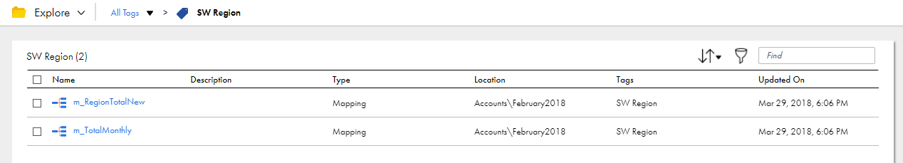 The Explore page lists the assets that are associated with the SW Region tag.