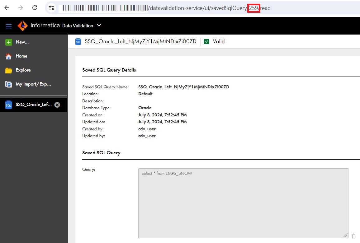 The image shows the saved SQL query ID highlighted, which is 259.
