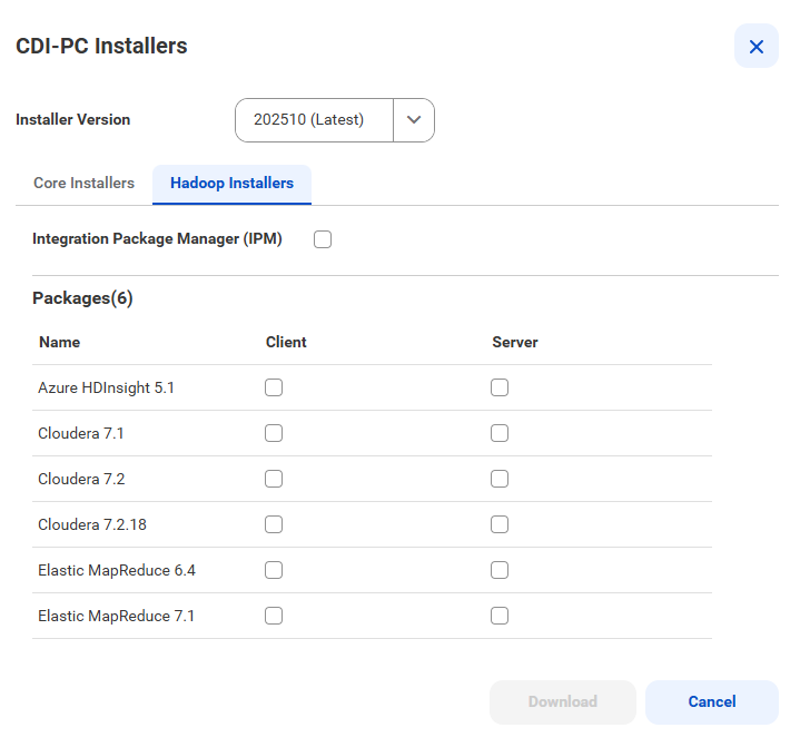 Screenshot of the Hadoop Installers tab displaying a list of available Hadoop packages for download.