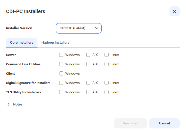 Core Installers tab showing a list of installers available for download according to the selected operating system.