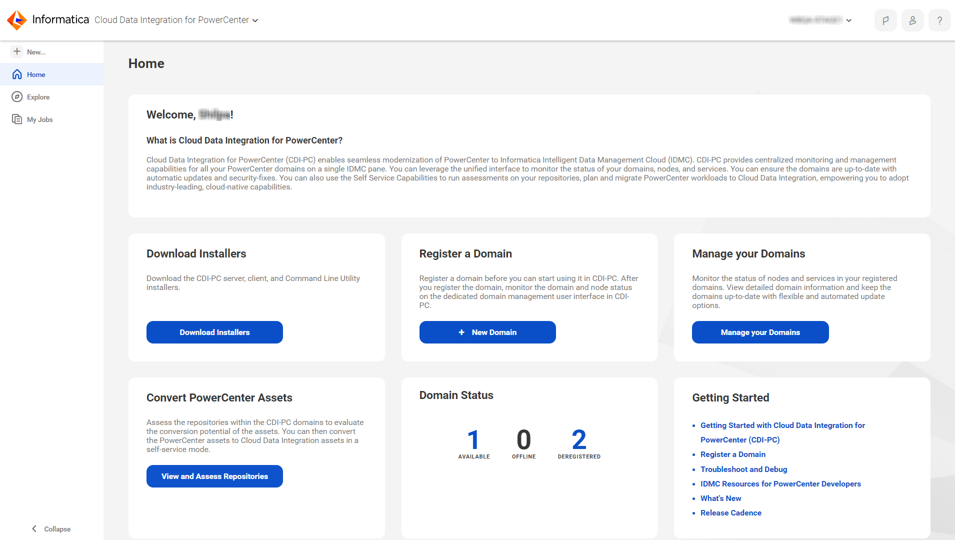 The CDI-PC Home page includes sections to download installers, register a domain, manage domains, and view domain statistics.