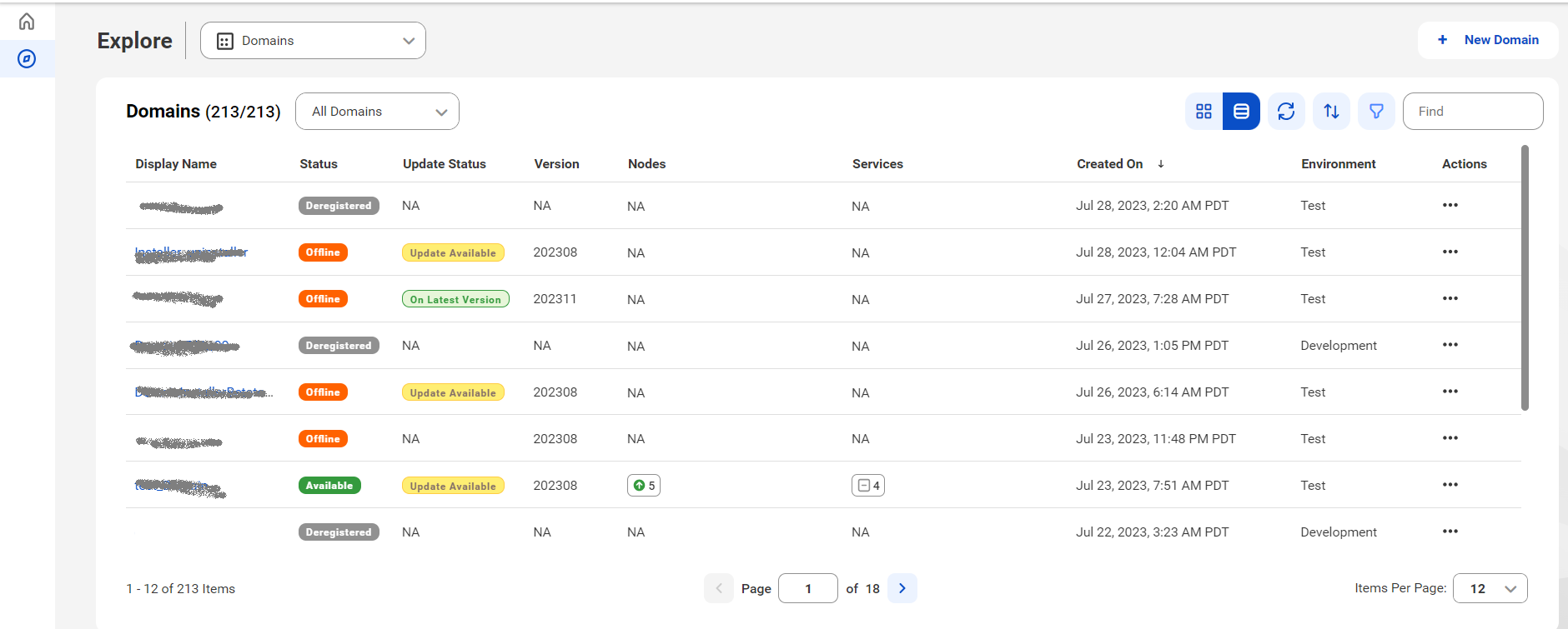 The table view of the sample Domains page has three registered domains, two domains are available and one is offline.