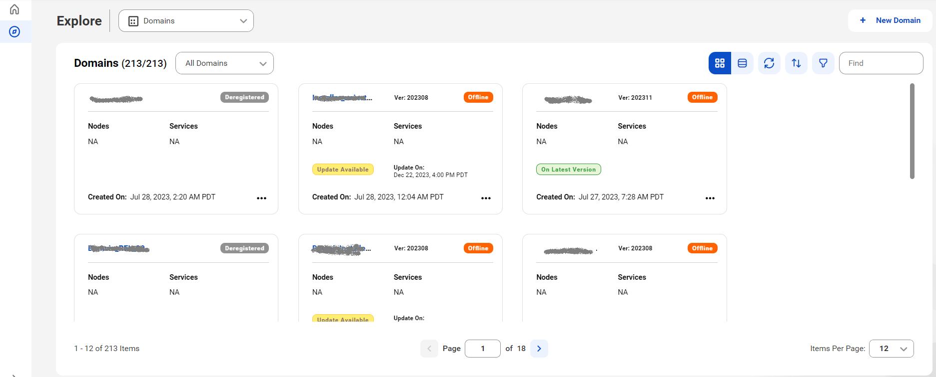 The card view of the sample Domains page has three registered domains, two domains are available and one is offline.