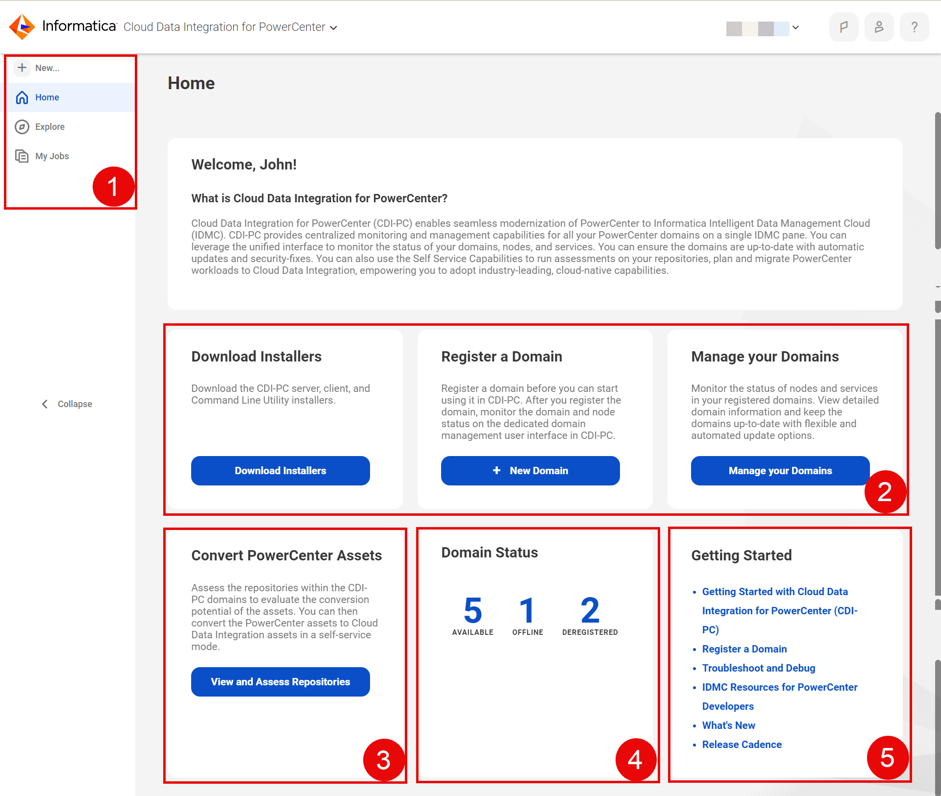The CDI-PC homepage includes sections to download installers, register a domain, manage domains, view domain status, and convert PowerCenter assets assets in Data Integration.