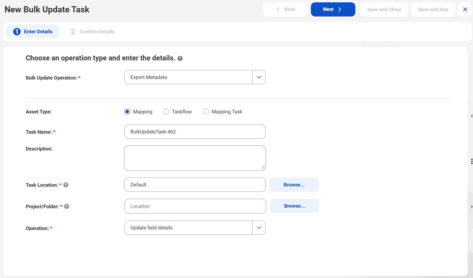 Bulk update task to update the metadata of assets.