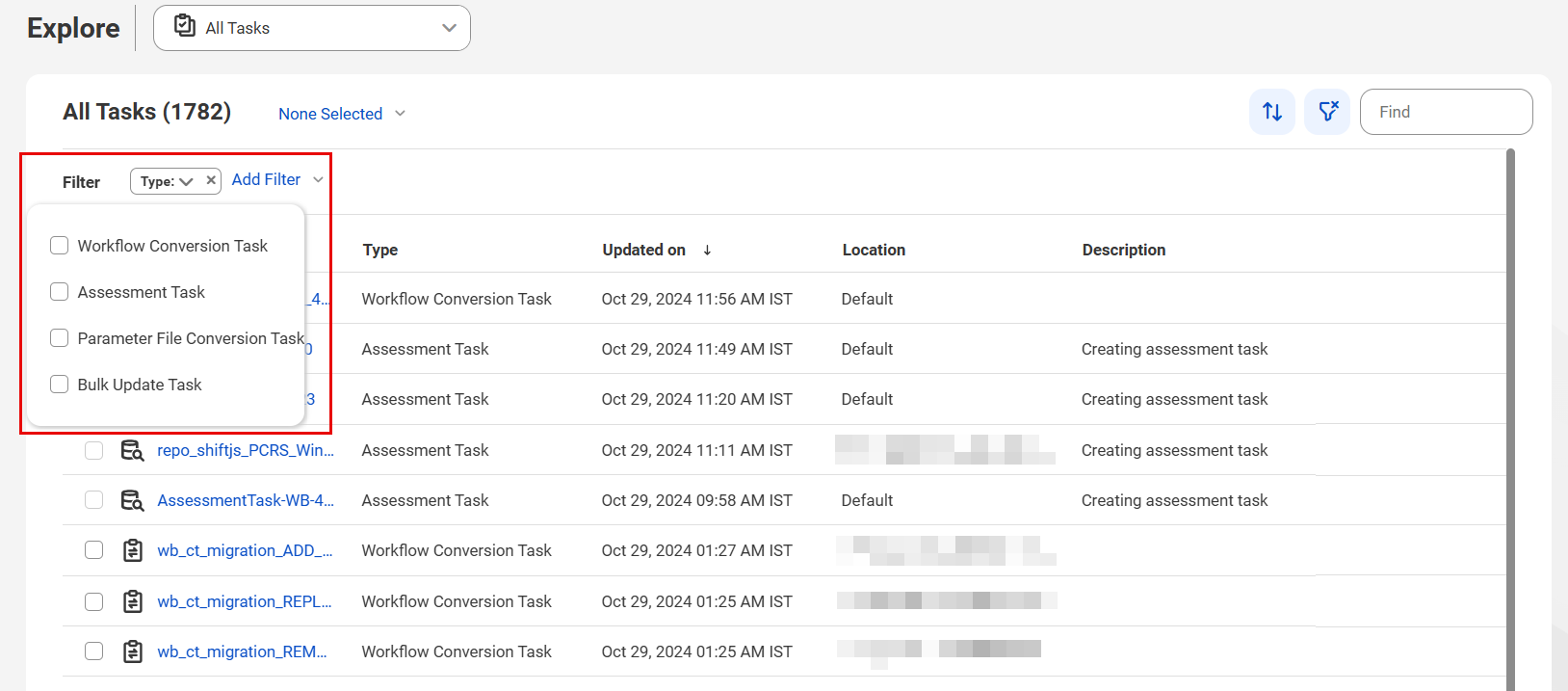 Filtering all available tasks based on the task type.