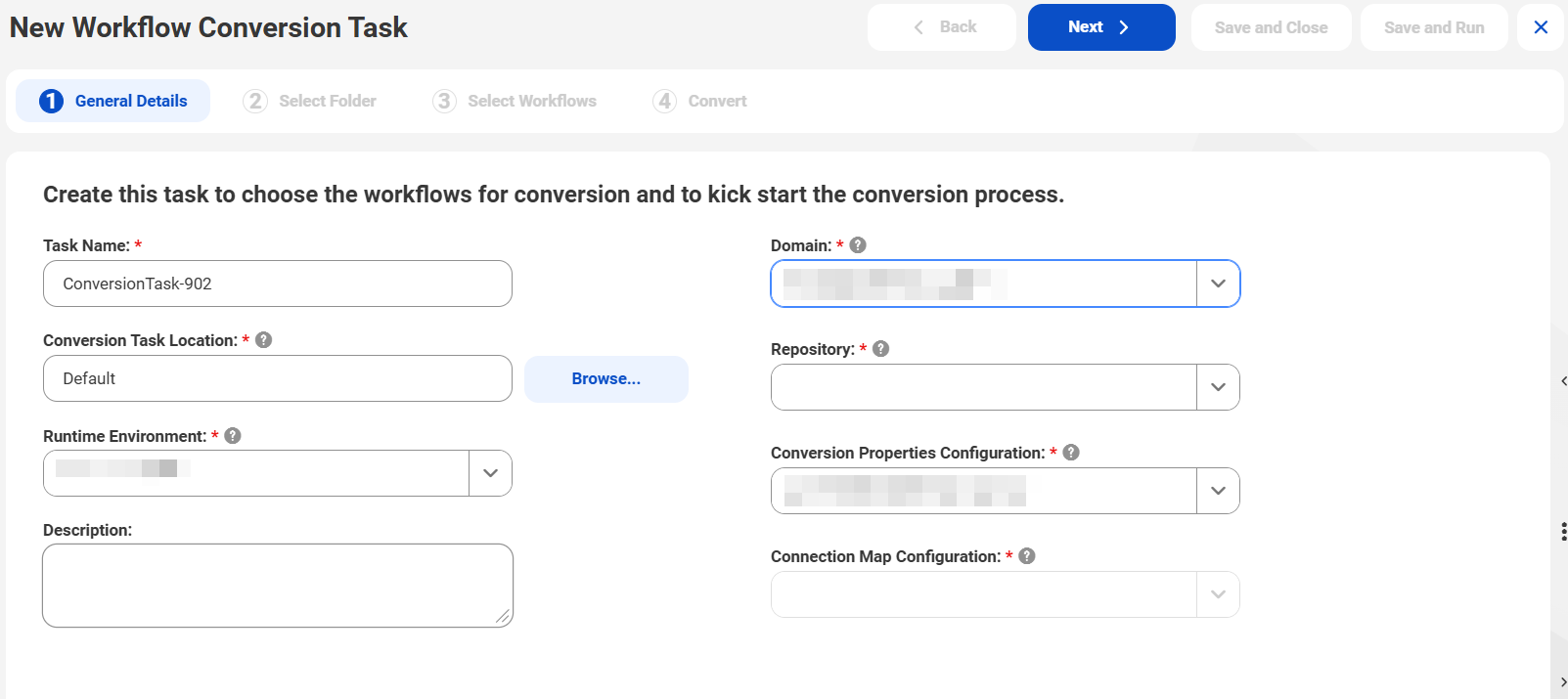 The workflow conversion task page specifies the workflows that you want to convert to Cloud Data Integration.