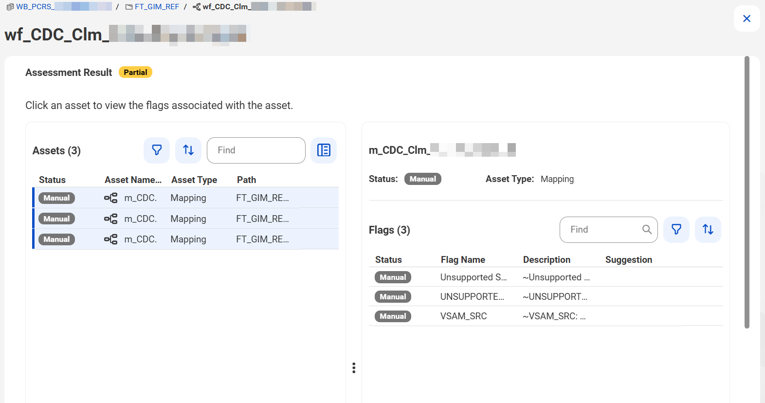 Assessment result page displaying the assets in a workflow and the associated flags.