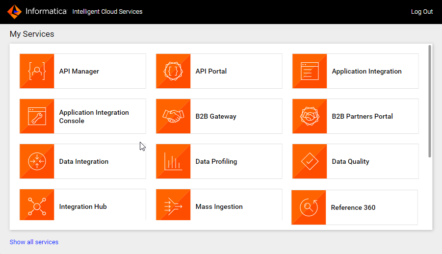 The My Services page shows the Data Integration, Administrator, and Monitor services.