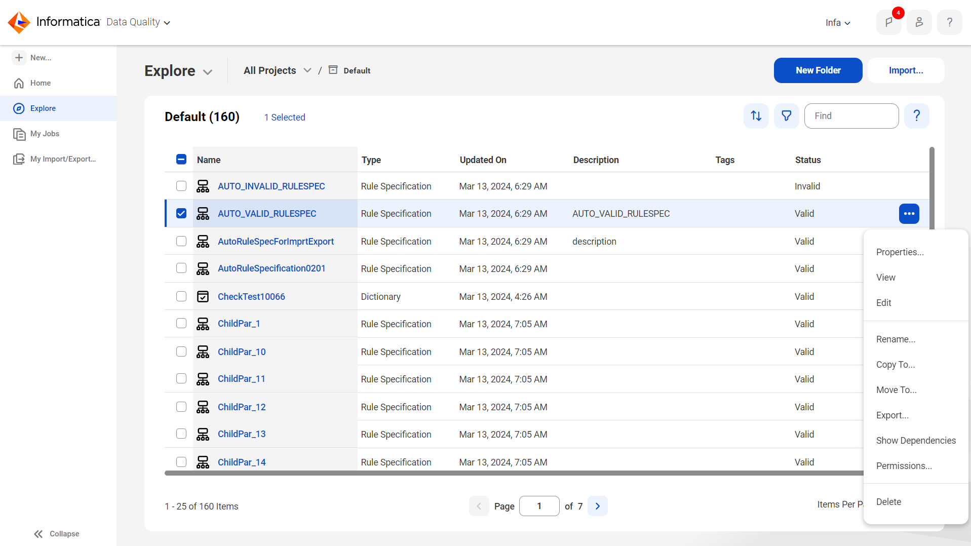 The image shows the Actions menu for the highlighted asset that includes copying, moving, and exporting assets, editing and deleting assets, and reviewing asset access permissions.